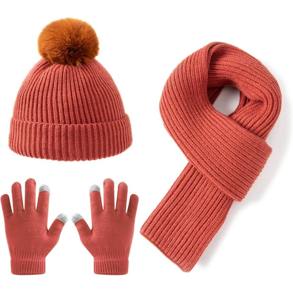 3Pcs Kids Hat Scarf and Snow Gloves Set, Winter Knit Warm Soft Pom-Pom Beanie Outdoor for Boys Girls and Toddlers