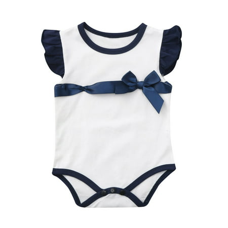 2019 hot sales Summer Baby Fly Sleeve Solid Print Bow Romper Bodysuit
