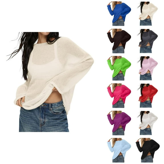 Long Sleeve Shirts for Women 2025 Oversized Sheer Mesh Knitted Sweater Tops Y2K Loose Fit Pullover Lightweight Blouse