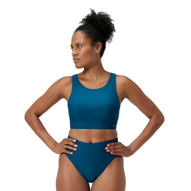 Speedo Haut de Bikini en Maille à Col Montant pour Femmes - Bleu Sarcelle Foncé, Taille : S