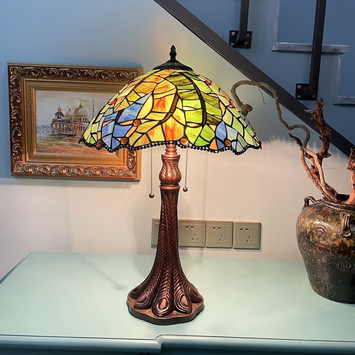 CHLOE Lighting MONSTERA-LEAF Floral-Style 2-Light Antique Dark Bronze Finish Stained Glass Window Panel 24" Tall