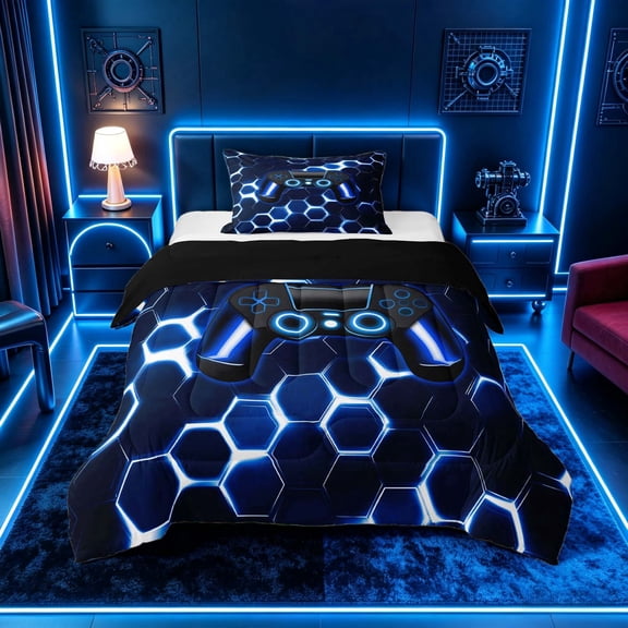 meiyoeat Gradient Gamepad Twin Comforter Sets for Boys Gamers, Neon Honeycomb Blue Gaming Bedding Set, Black Reversible 2 Pieces, 1 Comforter and 1 Pillowcase