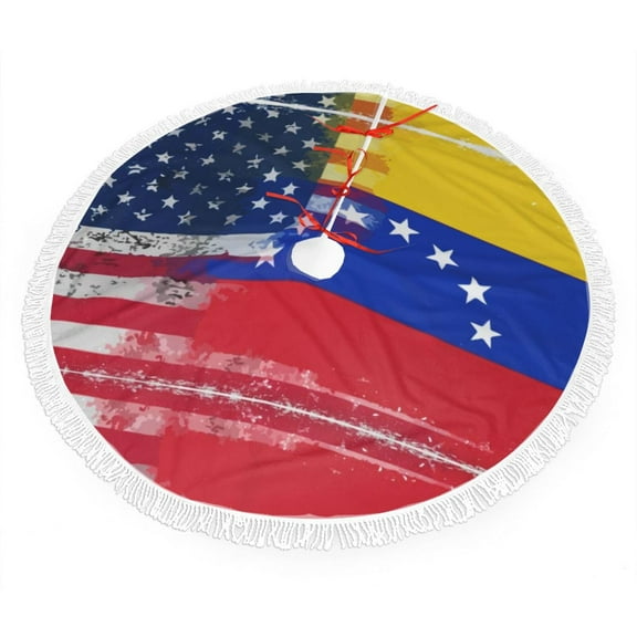 Xmas Tree Skirt America Venezuelan Flag Watercolor Tassel Edge Rustic Christmas Tree Skirts for Party Holiday Decorations 30"