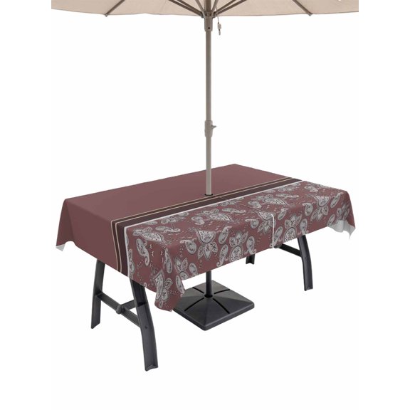 Outdoor Tablecloth with Umbrella Hole and Zipper, Boho Red Brown Flower Rectangle Table Cloth 60x120 Inch Waterproof Tablecloth, Abstract Bohemia Pesley Floral Picnic Table Cover for Patio Camping