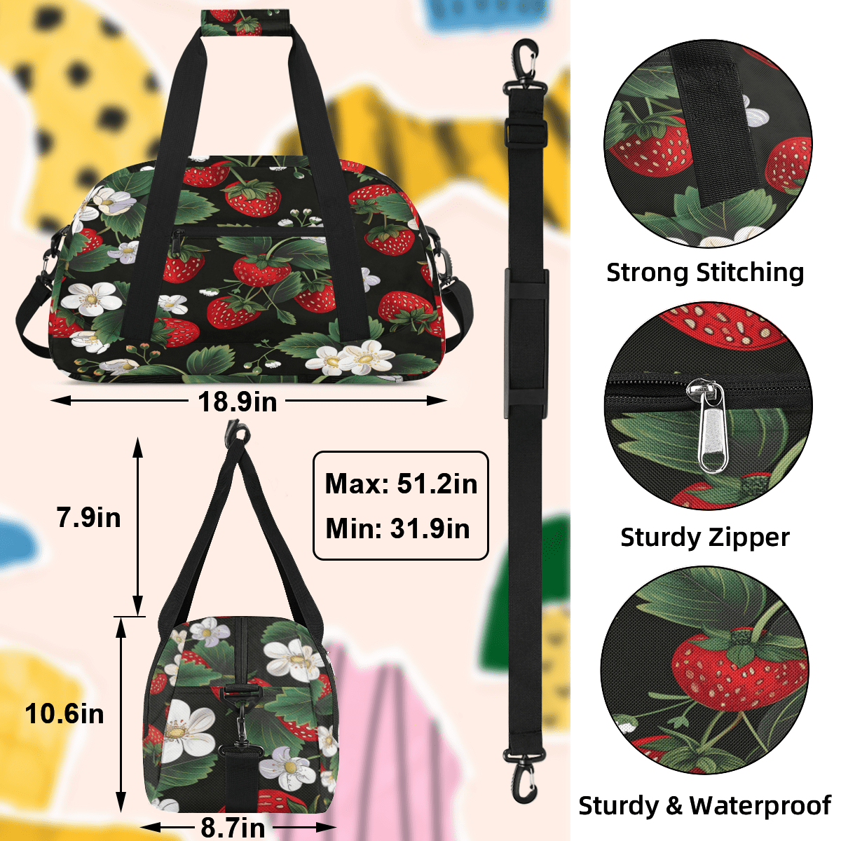Herdesigns Cute Strawberry Sports Duffle Bag for Women & Men, Gym Bag Dance Bag Overnight Bag Carry On Weekender Travel Bag