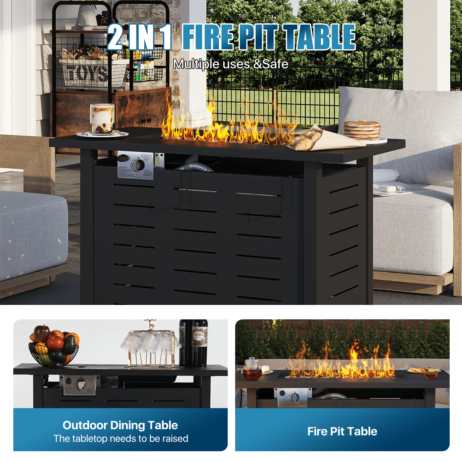 LazySunsets 42" Outdoor Propane Fire Pit Table, 50000 BTU Auto Start Steel Fire Table, 2-in-1 with Removable Tabletop & All-Weather Waterproof Cover for Garden Backyard Patio, Black