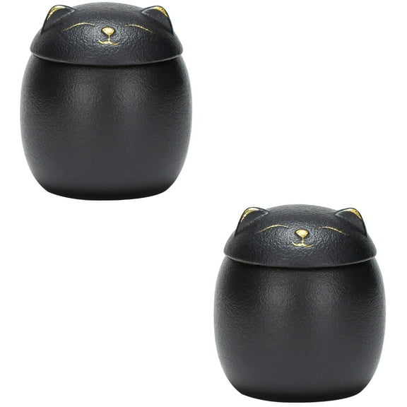 2pcs Japanese Cat Tea 160ML Maneki Neko Cat Storage Jar Ceramics Tea with Lid Tea Jar for Tea Coffee Candy Chocolate Sugar Spices Black