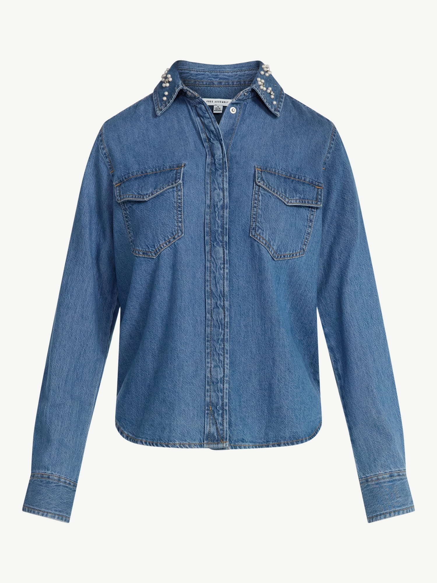 Free Assembly Women's Embellished Denim Shirt with Long Sleeves, Sizes XS-XXXL