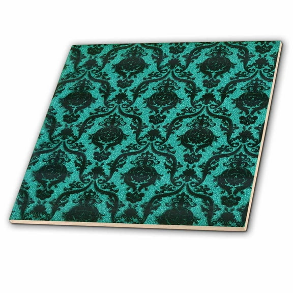 3dRose, Black Formal With Turquoise, 8 Inch Glass Tile