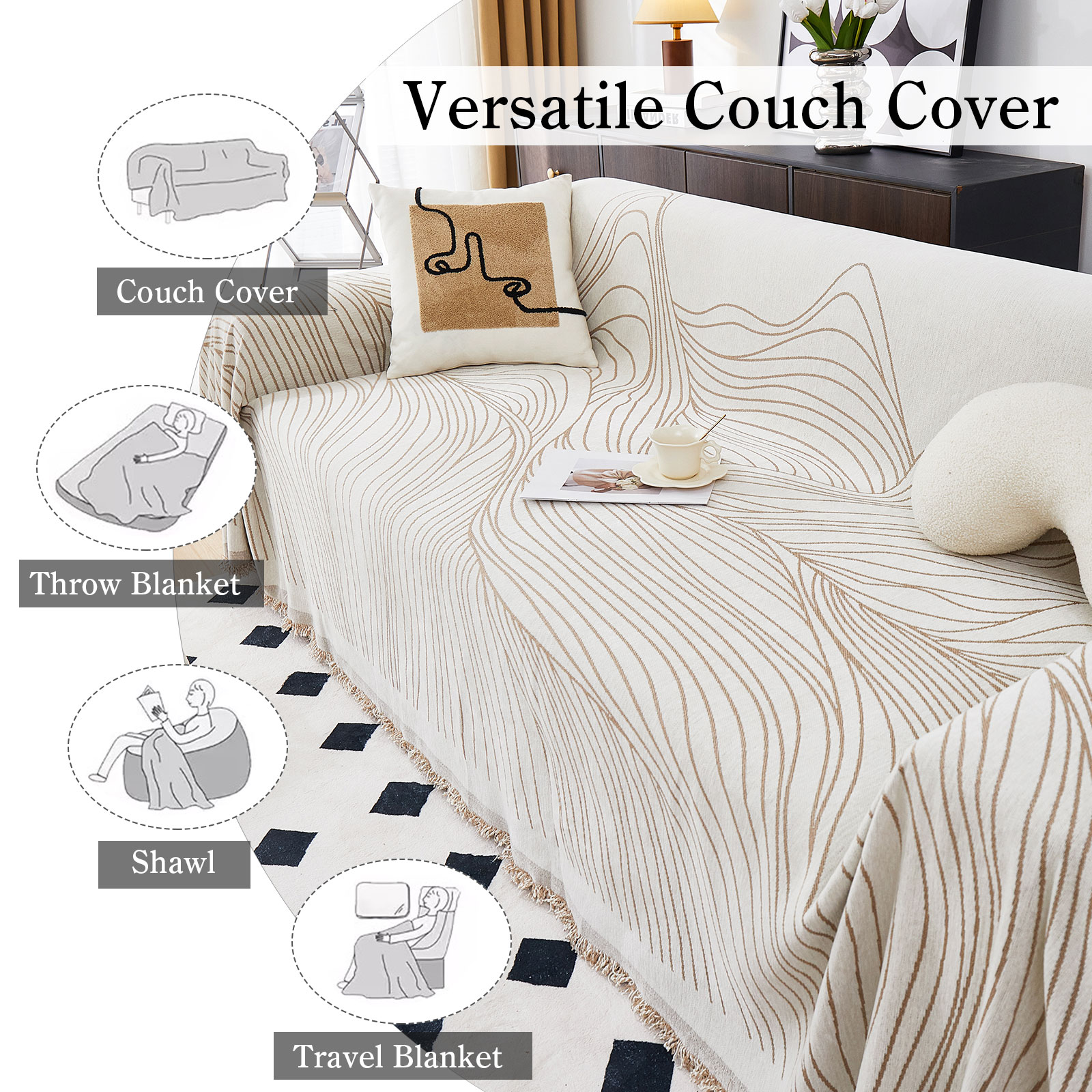 Eurhowing Boho Couch Cover for 2-3 Cushion Couch, Chenille Sofa Cover Blanket with a Pillowcase, Anti-Slip Tassel Sofa Slipcover for Pet, (71'' x 118'', Khaki Stripe)
