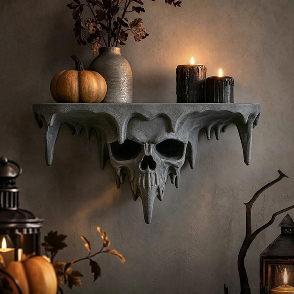 Gothic Skull Wall Shelf with Icicle Detail Decorative Floating Storage Rack for Dark Theme Room and Halloween Display (Gray)