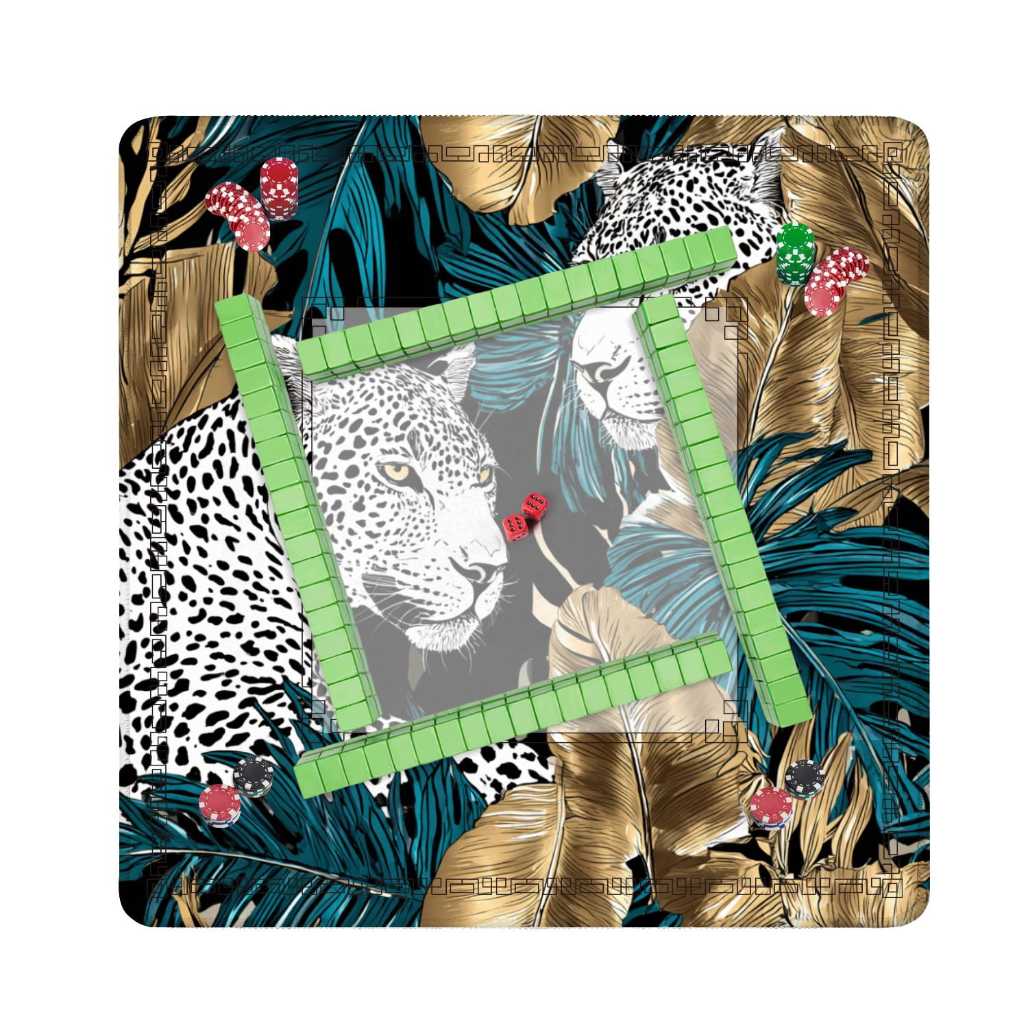 Mahjong Mat 31.5" x 31.5" Seamless Jaguars blue green Tropical banana gold exotic Non-Slip Noise Reduction American Mahjong Tiles Table Cover for Dominoes Poker Card Board Games Gift