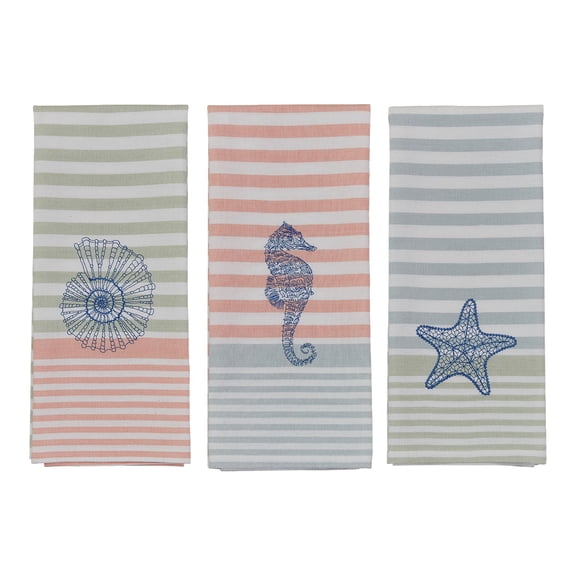 Split P Sea Life Embroidered Shell, Starfish and Seahorse Dishtowel Bundle of 3