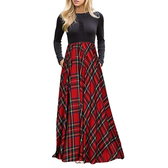 ICHUANYI Women Casual Long Sleeve Lattice Print Splicing Crew Neck Long Dresses With Pocket Spring Summer New Trending 2024