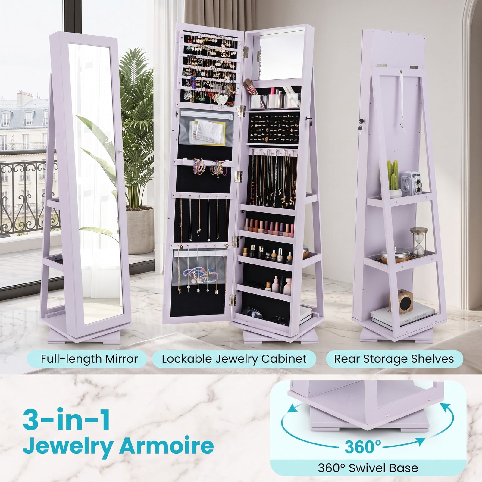Furnibear 360 Degree Rotatable Freestanding Lockable Jewelry Cabinet with Full-Length Mirror and 100 Earring Slots for Bedroom, Purple