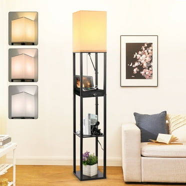 HMCITY  Floor Lamps with Shelves -Modern Standing Book Shelves Corner Lamps for Living Room, Solid Wood Bedroom Floor Lamp with 1 Drawer & 2 USB Ports & 1 Power Outlet& LED Bulb