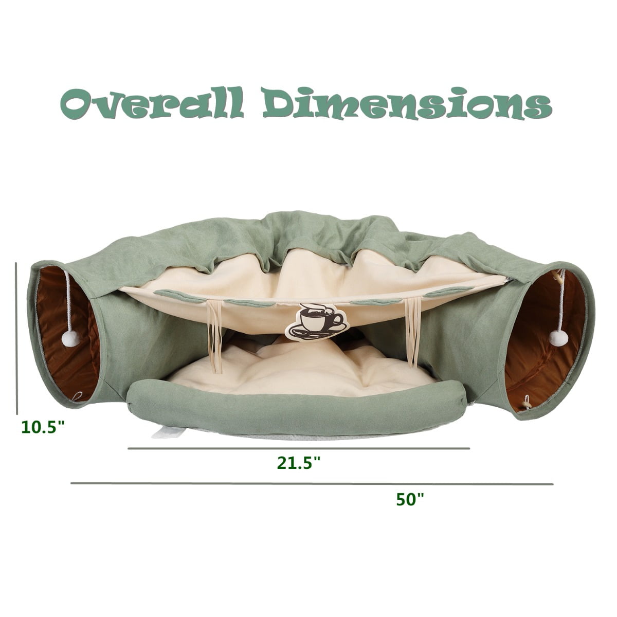 Cat Telescopic Tunnel Cushioned Bed Pet Nest with Teasing Balls Zipper Connection Non-Slip Bottom Collapsible Cat Play Tunnel Bed Bright Green