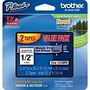 Brother P-Touch TZe Standard Adhesive Laminated Labeling Tapes, 1/2"w, Black on Clear, 2/Pack