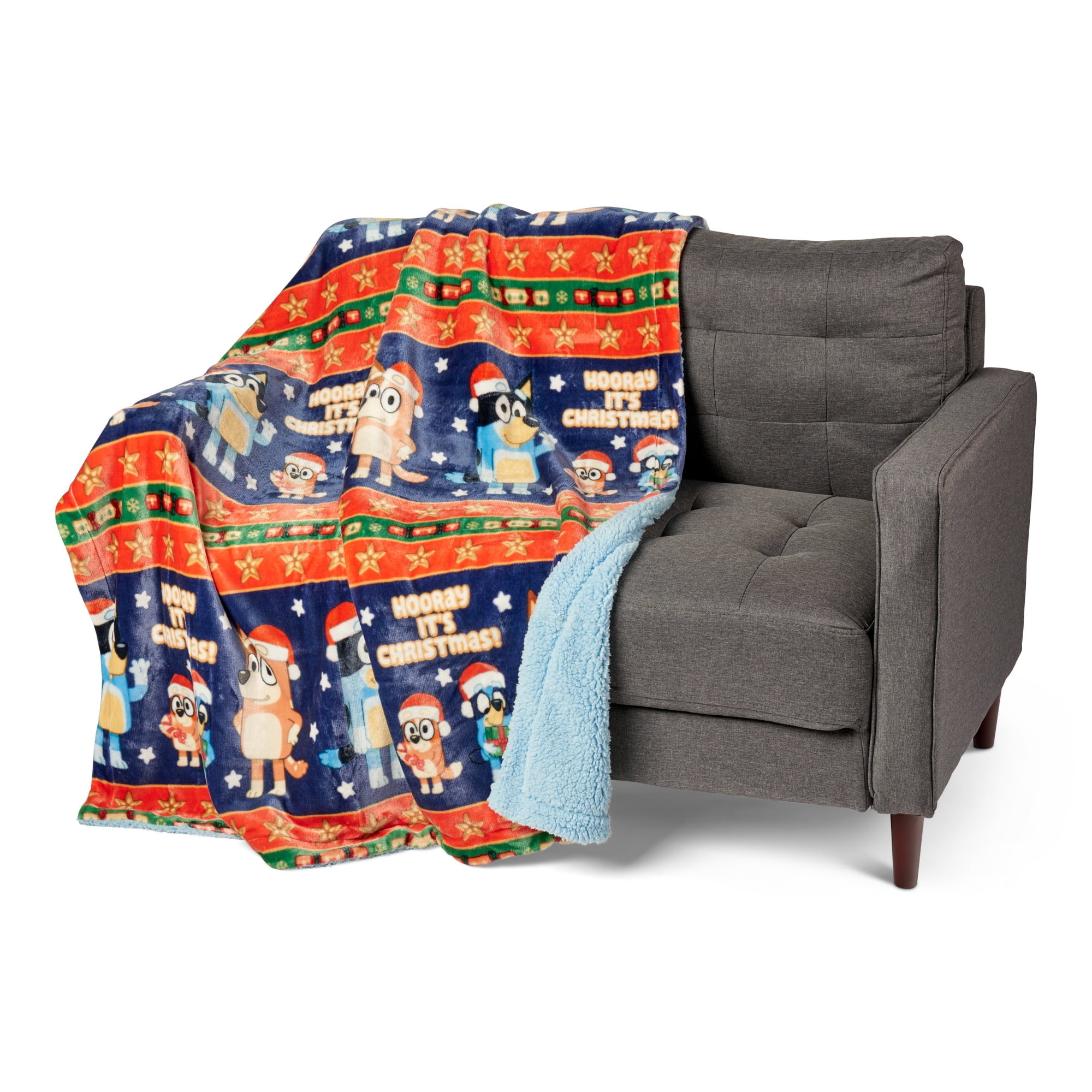 Bluey Holiday Striped Heelers Silk Touch Throw Blanket with Sherpa Reverse 50 x 60 inches