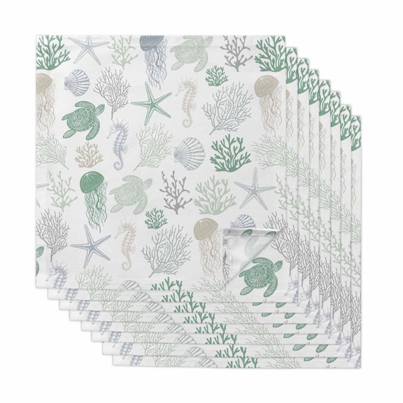 Green Coastal Cloth Napkins, Nautical Summer Beach Coral Sea Turtle Washable and Reusable Dinner Napkins Set of 8, Table Napkin for Kitchen Party Birthday Wedding Hotel Housewarming 20"x20"