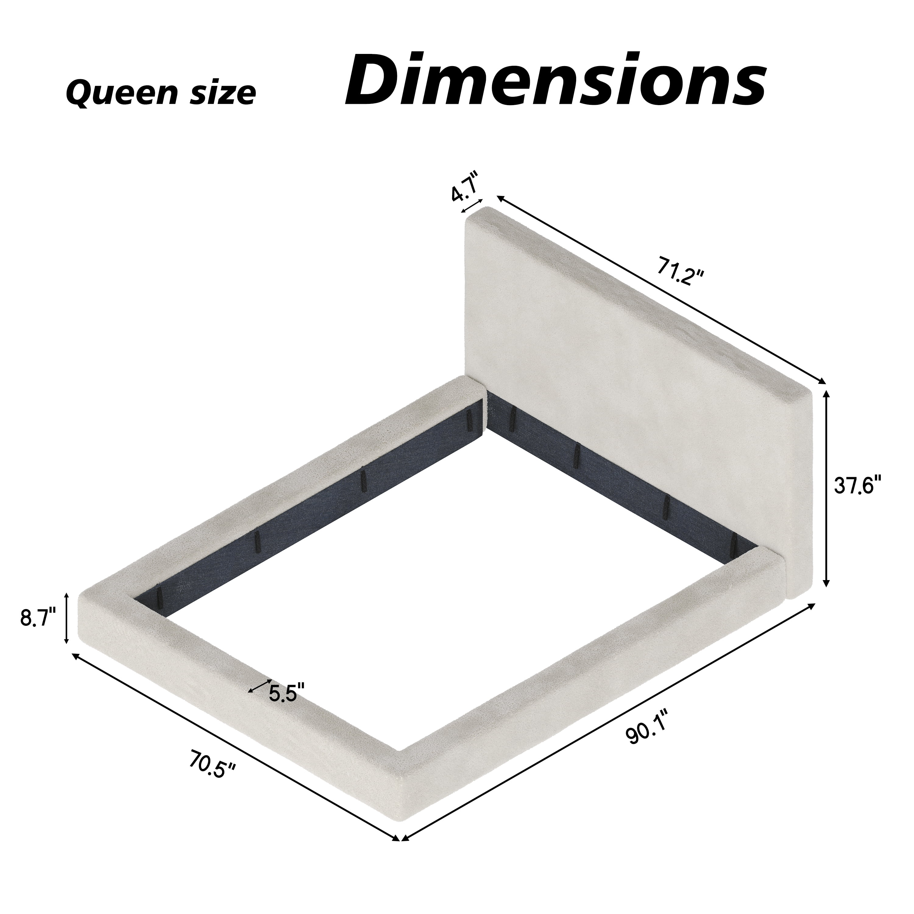 Frameless Queen Bed Surround with Cloud Sponge Cushion, 8.7 Inch Soft Anti-Collision Bed Edge, Upholstered Bed Frame Wrap for All Ages, Bedroom, Off-White