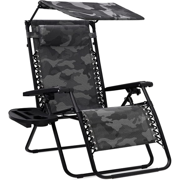 YEXJ Folding Zero Gravity Outdoor Recliner Patio Lounge Chair w/Adjustable Canopy Shade, Headrest, Side Accessory Tray, Textilene Mesh-Camouflage