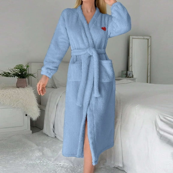 Fanxing Womens Classic Fleece Robes with Belt Soft Fuzzy Plush Bathrobes for Ladies Winter Warm Spa Housecoat Light Blue S