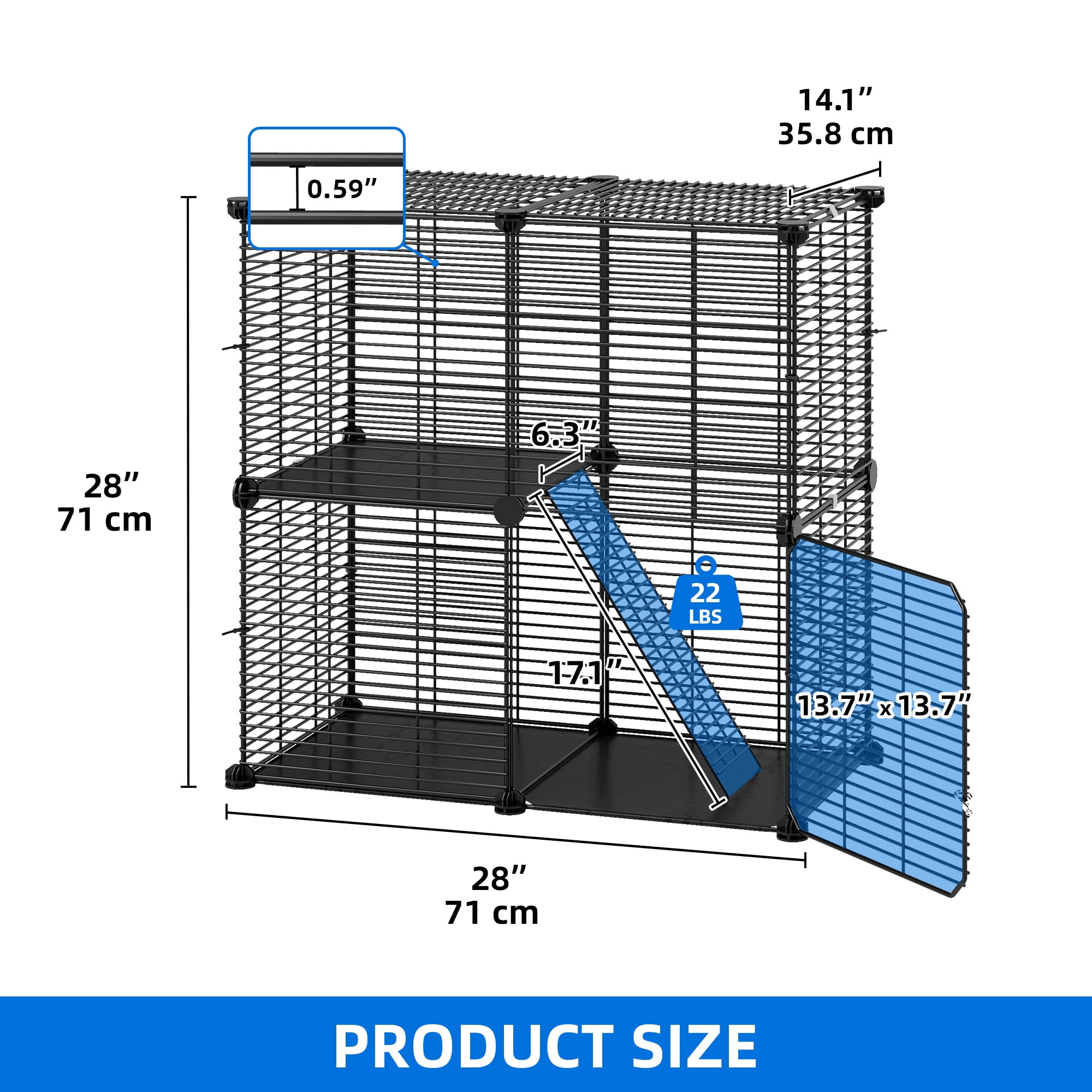 Uforic 2 Tier Indoor Cat Cage,28" Cat Enclosure DIY Cat Playpen for 1-2 Cats,28"L x 14"W x 28"H,Black