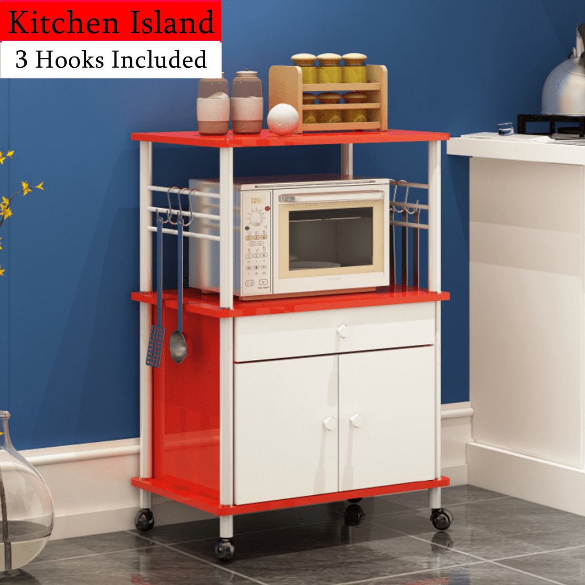 Kitchen Island With Locking Wheels 1 Drawer 1 Cabinet 2 Shelf Kitchen