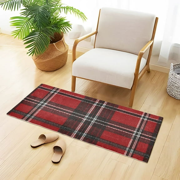 Red Black Tartan Plaids Fabric Texture Plush Carpet Non Slip Runner Rug Absorbent Bath Mat 39" x 20"
