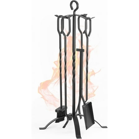 5 Pcs Fireplace Tools Set Black Handle Wrought Iron Fire Place Accessories Tools Holder