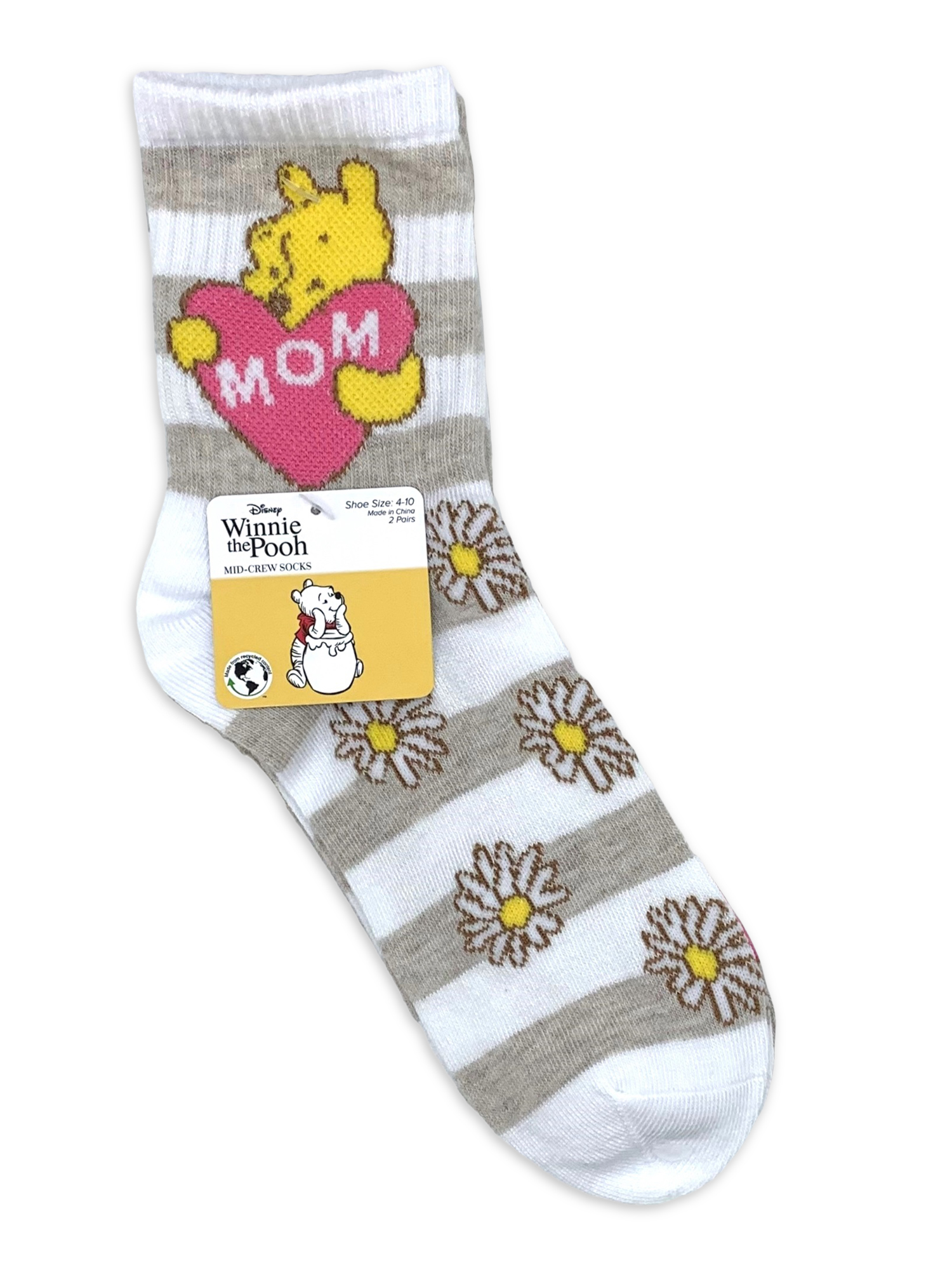 Disney Winnie the Pooh Women's Mother's Day Mid Crew Socks, 2-Pack, Shoe Size 4-10