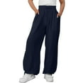 thumbnail image 6 of Mrat Linen Pants Women Wide Leg Pants High Waist Drawstring Sweat Pants Loose Workout Trousers with Pockets Pants Women Summer Trousers S-59 Navy XL, 6 of 7
