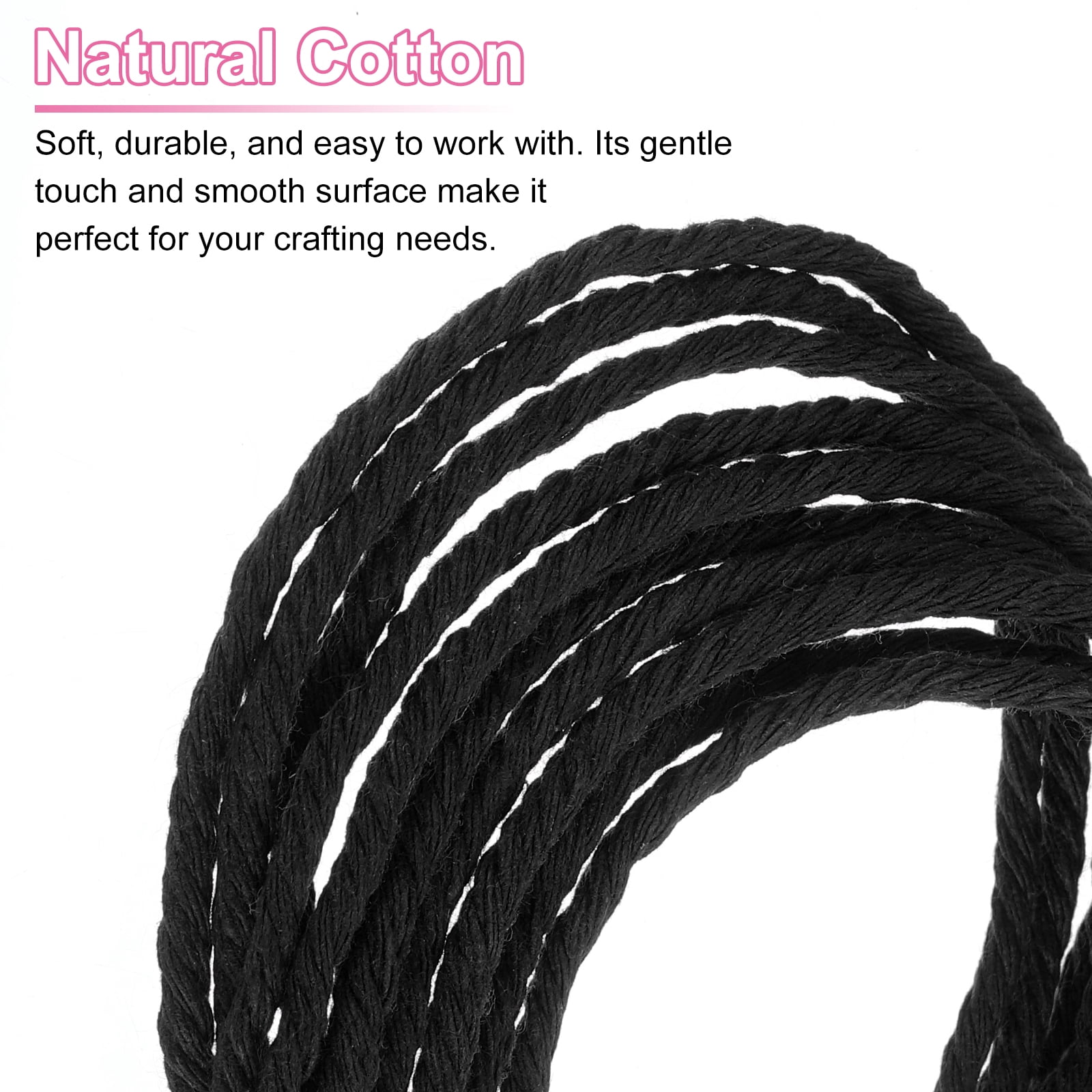 Uxcell Natural Macrame Cord 3mm x 328 Yards 4 Strand Twisted Cotton Macrame Rope for DIY Knitting Plant Wall Hanger Dreamcatcher, Black