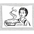 thumbnail image 1 of Vintage Woman Tapestry, Housewife Wearing Mittens Holding and Serving Freshly Baked Pie at Home, Wall Hanging for Bedroom Living Room Dorm Decor, 80W X 60L Inches, Black and White, by Ambesonne, 1 of 2