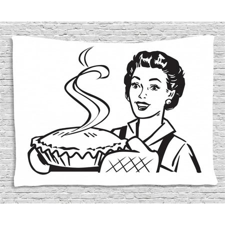 Serving Wear Vintage Woman Tapestry, Housewife Wearing Mittens Holding and Serving Freshly Baked Pie at Home, Wall Hanging for Bedroom Living Room Dorm Decor, 60W X 40L Inches, Black and White, by Ambesonne ()