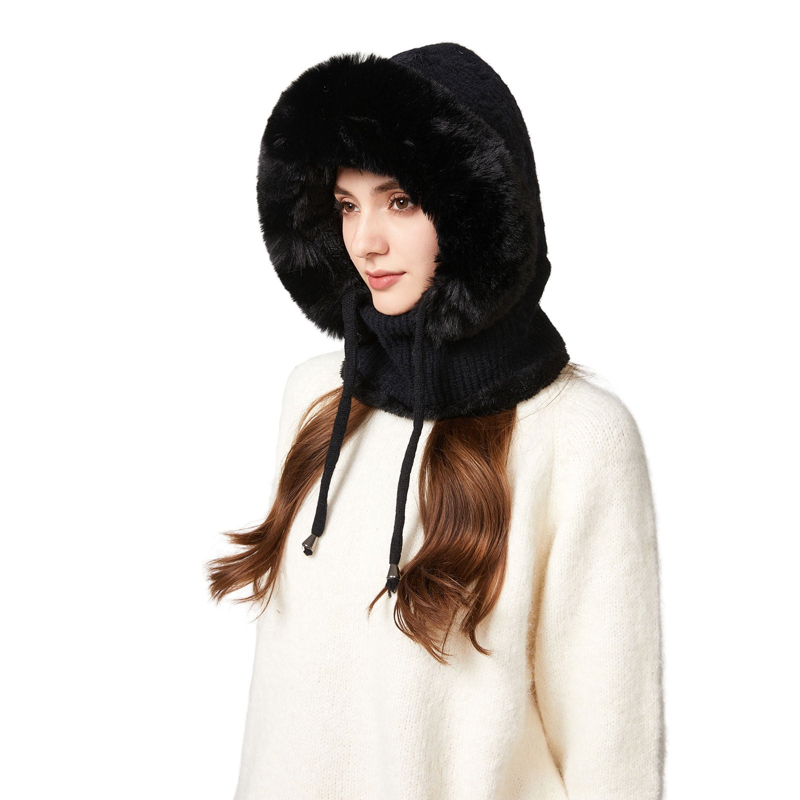 YZEGDCH Black Women One Piece Slouchy Fleece Thicken Beanie Winter Hats Scarf Mask Drawstring Warm Hooded Winter Balaclava Pullover Knitted Winter Hat, Birthday Valentines Gift for Women