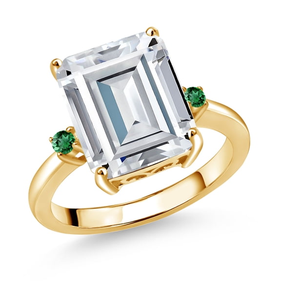 Gem Stone King 18K Yellow Gold Plated Silver Green Nano Emerald Ring Set with Moissanite (7.43 Cttw) (Size 6)