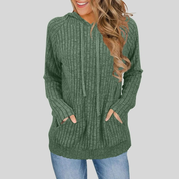 Kilaqueen Fall Sweaters for Women Fashion Long Sleeve Kangaroo Pocket Pullover Hoodies Lightweight Cozy Soft Ribbed Knit Hooded Sweatshirts