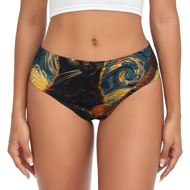Fotbe Starry Night Cat Guitarist Calzones Estampados para Mujer – Ropa Interior de Algodón, Cómoda, Suave y Elástica-Small