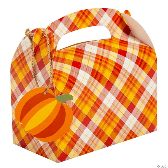 6 1/4" x 5 1/4" Fall Plaid Favor Boxes with Pumpkin Tags - 12 Pieces