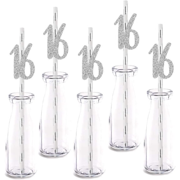 Silver Happy 16th Birthday Straw Decor, Silver Glitter 12pcs Cut-Out Number 16 Party Drinking Decorative Straws, Supplies