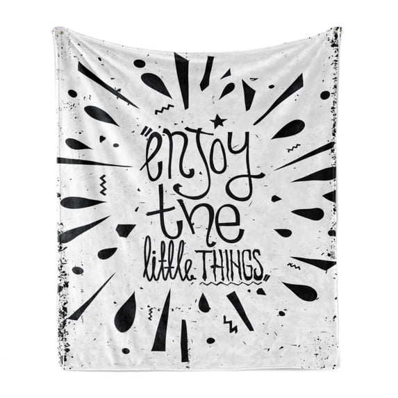 Enjoy the Little Things Soft Flannel Fleece Blanket, Vintage Style Motivation Boosting Words with Teardrop Pattern, Cozy Plush for Indoor and Outdoor Use, 50" x 60", Black and White, by Ambesonne