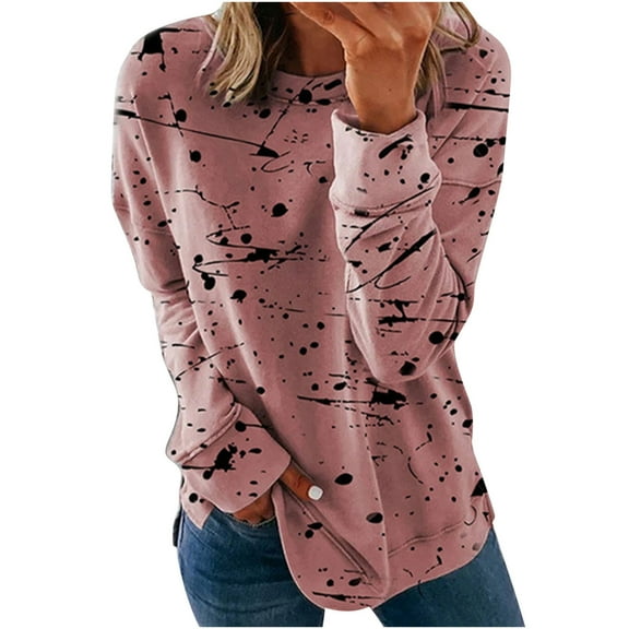 WREESH Womens Fashion Crewneck Sweatshirts Print Long Sleeve Comfortable Breathable Shirt Tops Pullover Pink