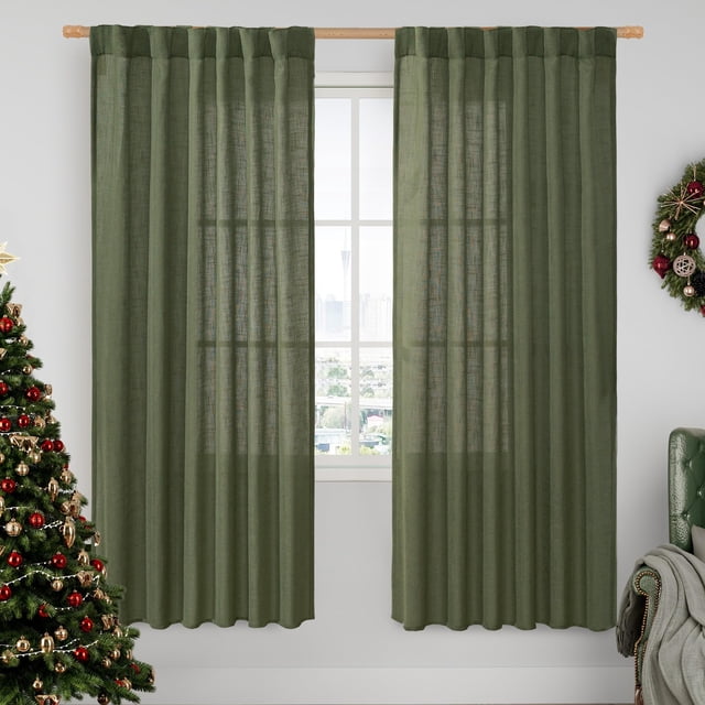 Cortinas LAMIT de lino con filtro de luz, 198 cm, verde oliva, 2 paneles