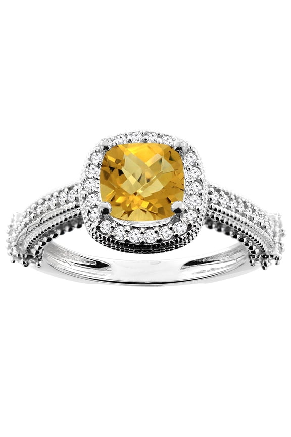 14K White Gold Natural Whisky Quartz Ring Cushion 7x7mm Diamond Accent 7/16 inch wide, size 8.5