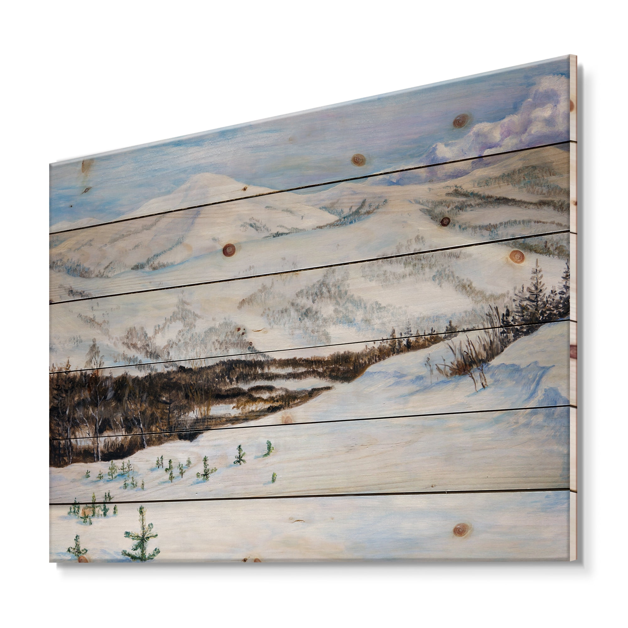 Designart 'Snow-Capped Mountains With Winter Landscape' Traditional Print on Natural Pine Wood