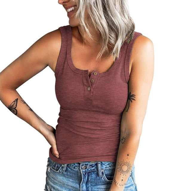 ICHUANYI Clearance Women Casual Tanks Sleeveless Buttons Slimming Solid Pullover Vest Blouse Tops(Red, M) ICHUANYI WER2023081009887