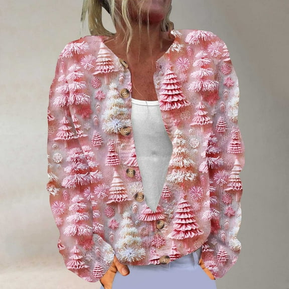 Homenesgenics Cardigans for Women Plus Sizes Women's Cardigan Long Sleeve Christmas Knit Sweaters Solid Color Casual Jacket Pink XXXL