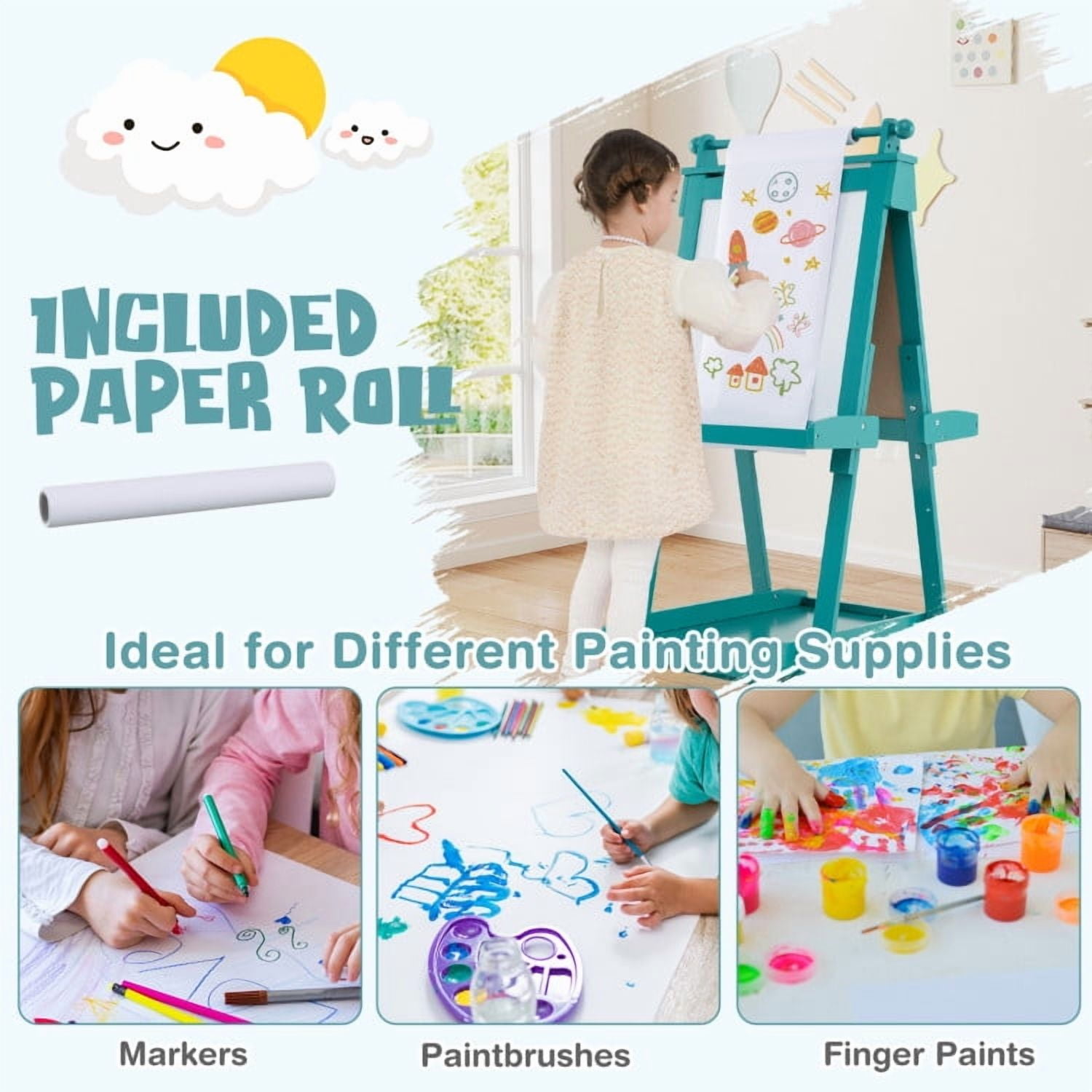 Barara King Kid's Art Easel with Chalkboard, Drawing Easel with Magnetic Whiteboard, 3-in-1 Double-Sided Storage Art Easel for Study Room, Home Office, Living Room, Green